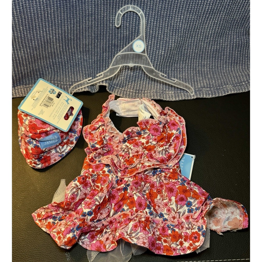 Draper James Red Blue Floral Print Dog Dress And Bucket Hat Ruffles Tulle XS/S